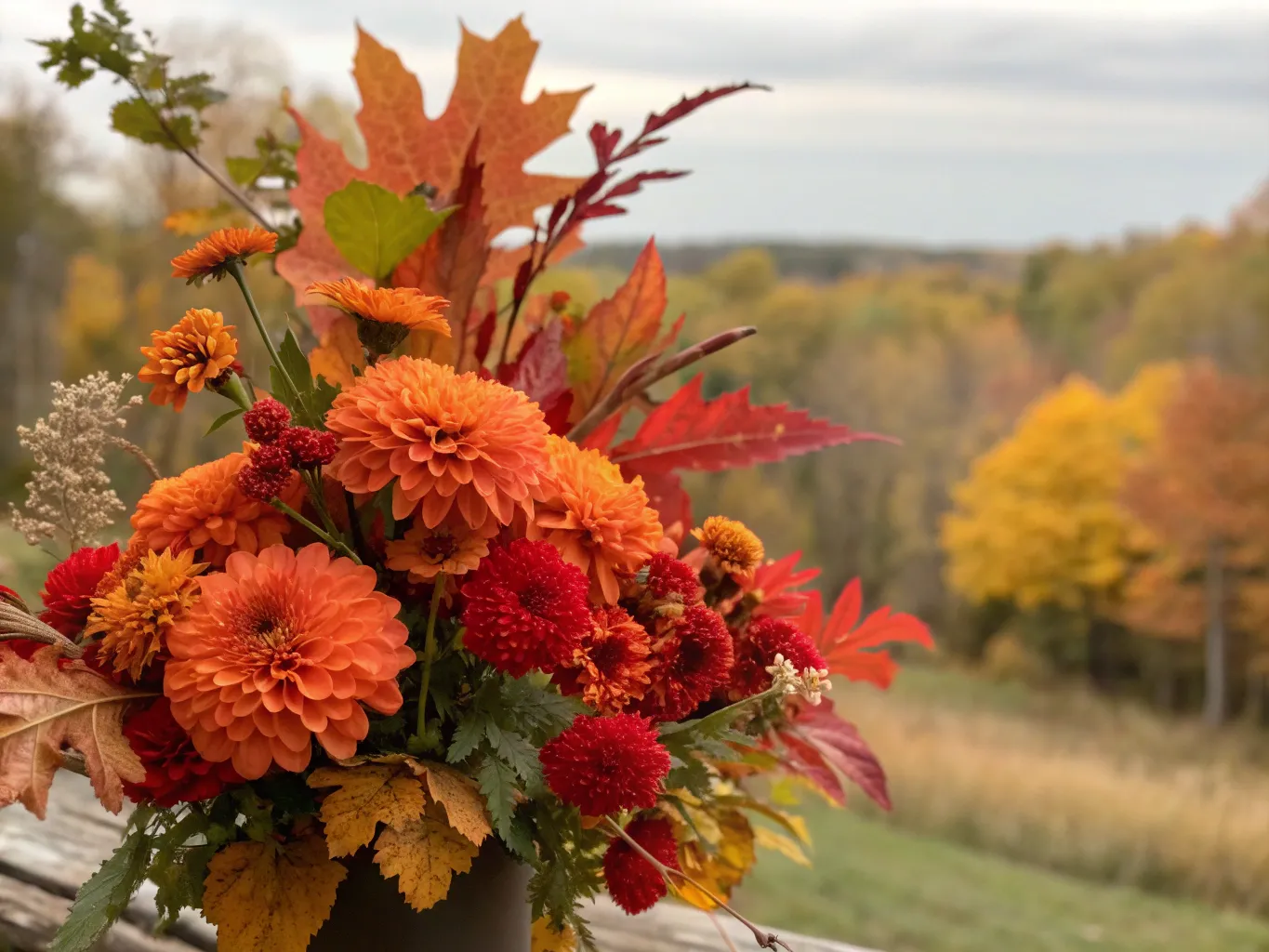 Efterårsbuket i varme orange og røde nuancer